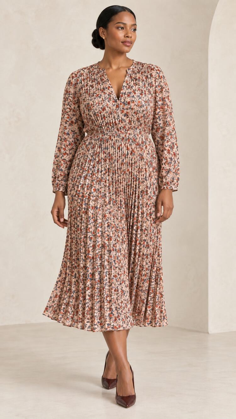 Vince Pomegranate Pleated V-Neck Midi Dress Floral Chamois Quiet Luxury Large